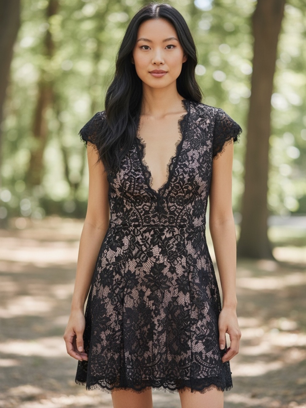 Free People: Lace Fit & Flare Dress in Black over Nude